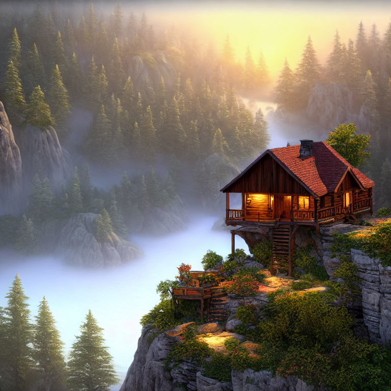 Rustic wooden cabin with lit porch in misty forest at sunrise