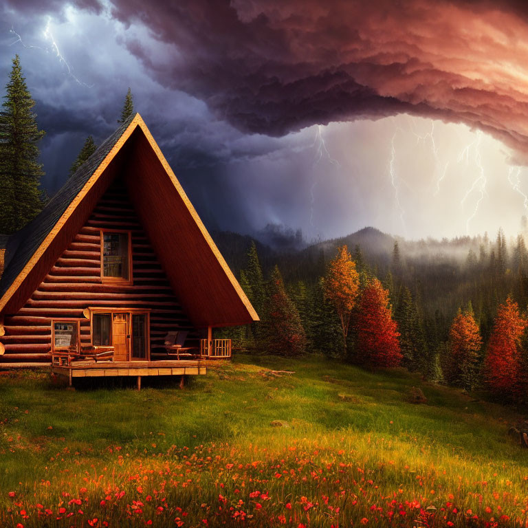 Rustic wooden cabin in autumn forest under stormy sky with lightning