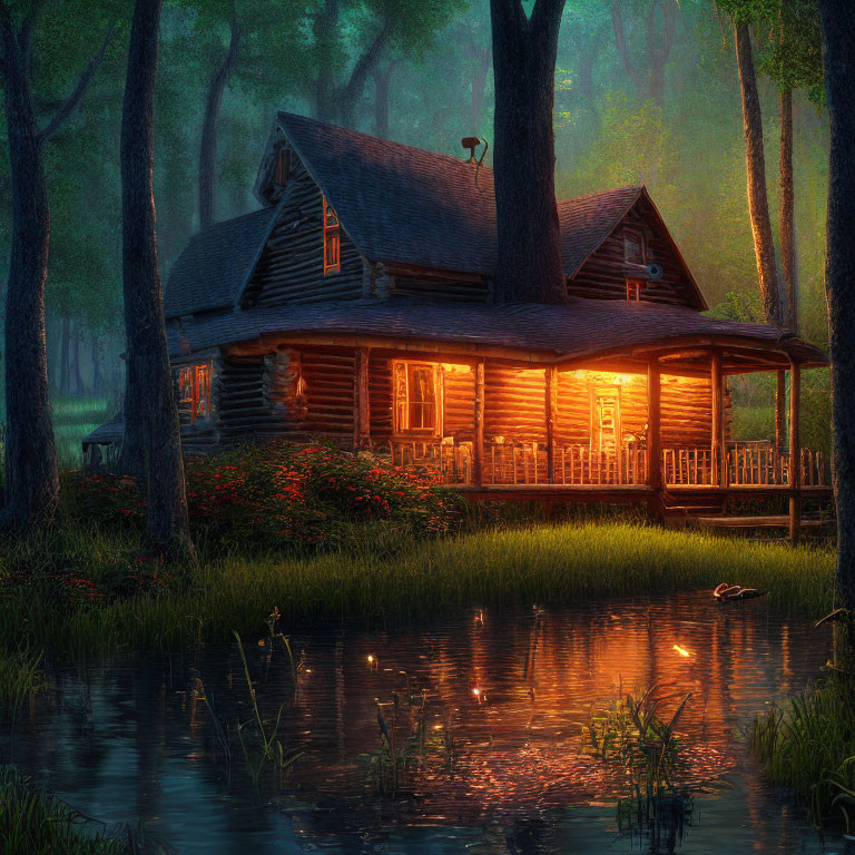 Rustic cabin in forest by tranquil pond at dusk