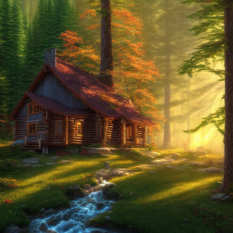 Cozy log cabin in autumn forest by stream