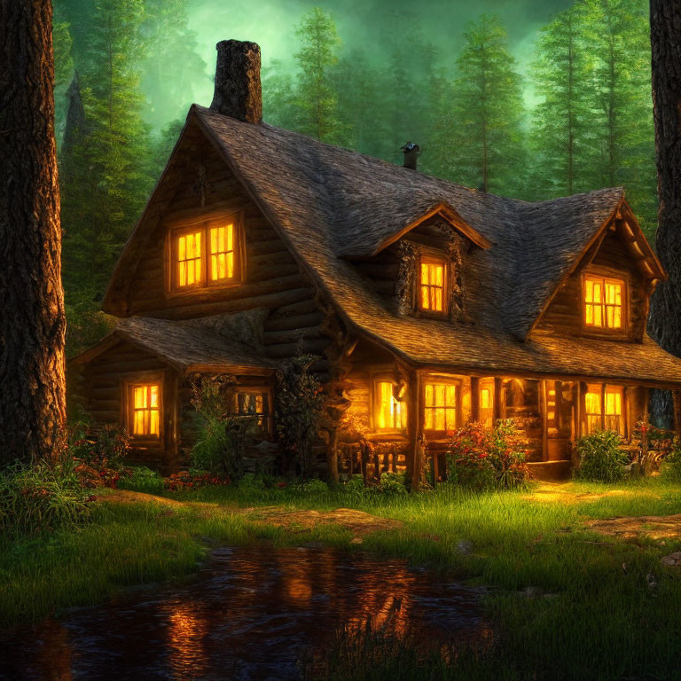 Twilight forest log cabin with warm glow