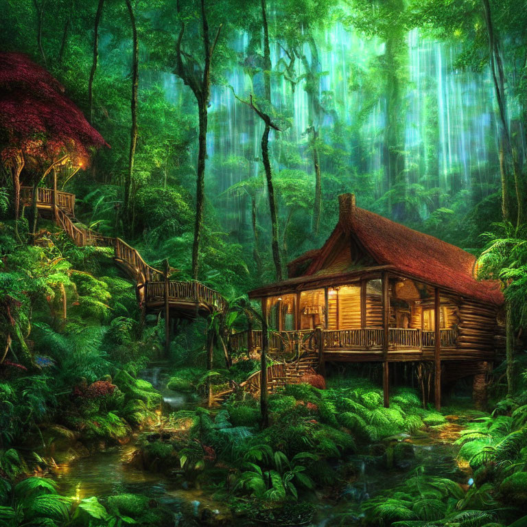 Rustic wooden cabin in lush green forest with thatched roof