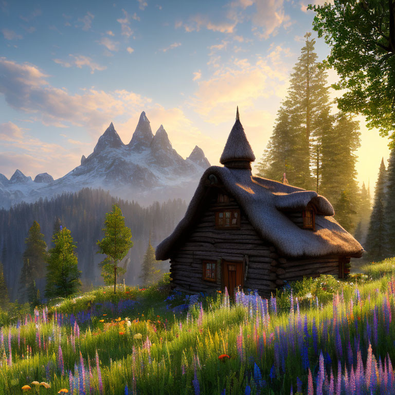 Thatched Roof Wooden Cottage in Meadow with Mountains