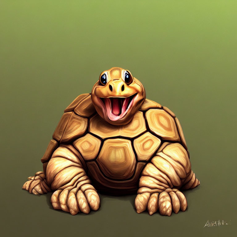 Happy cartoon turtle with detailed shell on green background