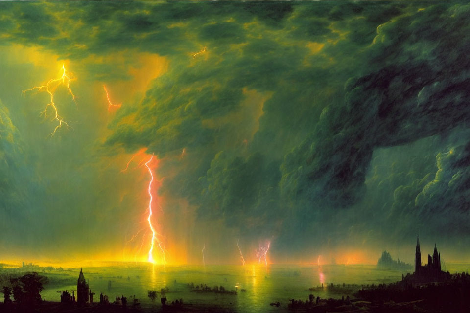 Stormy Landscape Painting with Lightning Strikes and City Silhouette