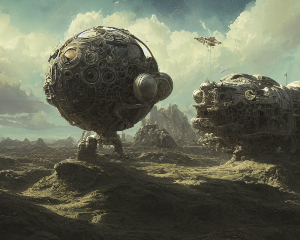 Futuristic spacecraft on rocky alien landscape with dramatic sky