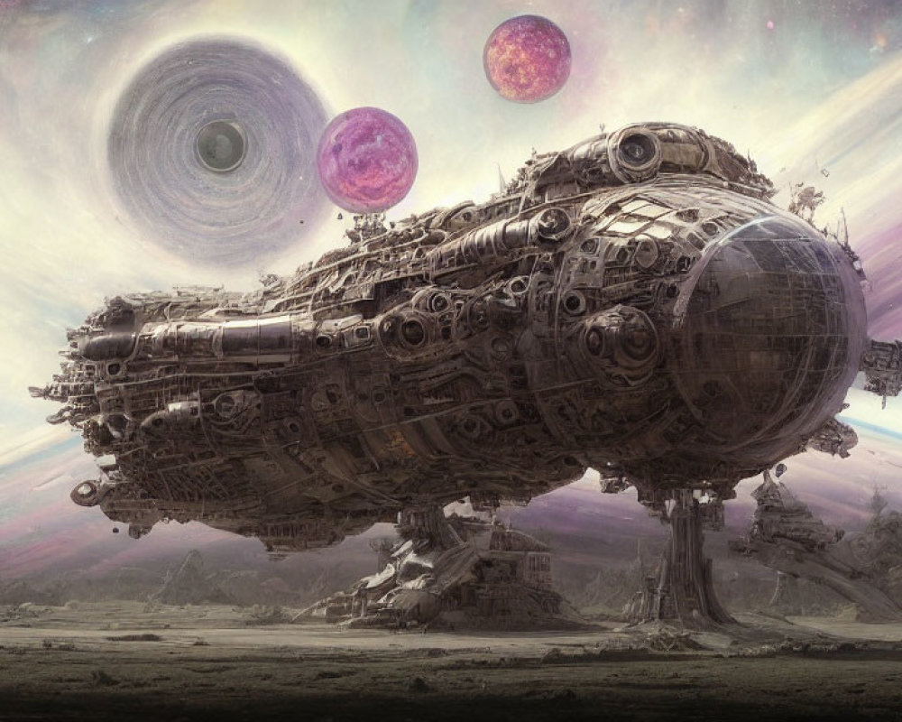 Gigantic spaceship on barren landscape with celestial bodies in the sky