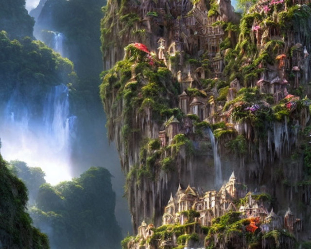 Majestic landscape with cliffs, waterfalls, and ornate buildings amid lush flora