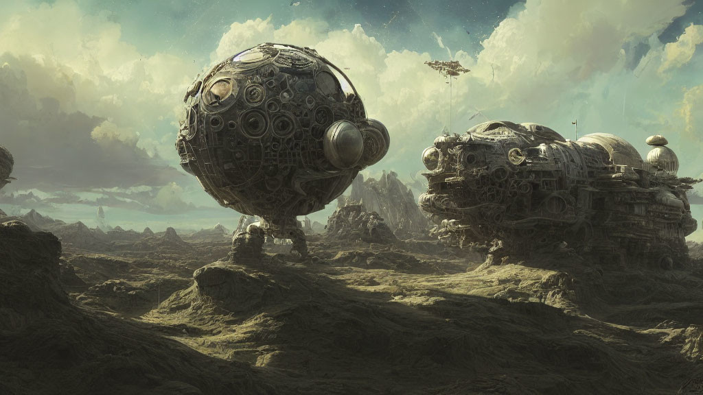 Futuristic spacecraft on rocky alien landscape with dramatic sky