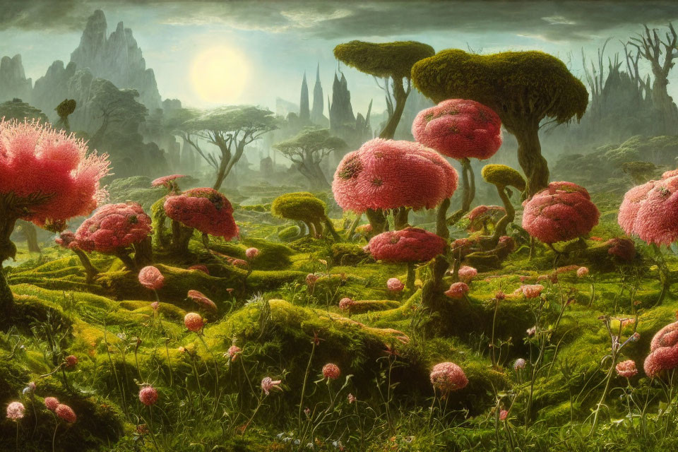 Fantasy landscape with lush greenery, pink-topped trees, and towering spires