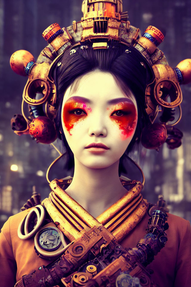 Futuristic digital artwork of woman with steampunk-inspired headgear and eye makeup