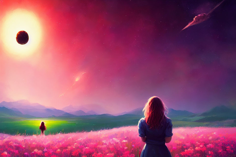 Colorful artwork of two girls in flower field under fantastical sky