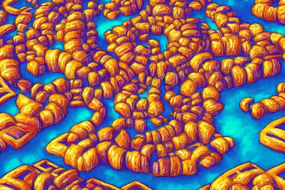 Bright Blue Background with Golden Croissants in Spiral Pattern