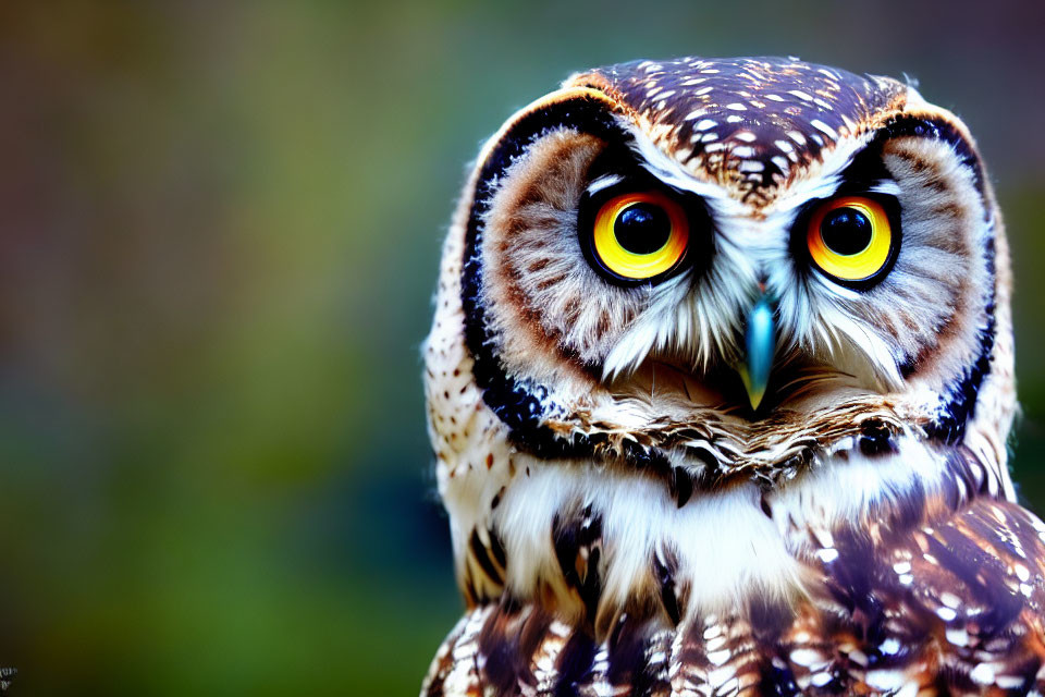 Detailed Close-Up of Owl with Yellow Eyes and Speckled Feathers