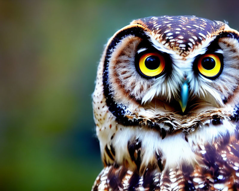 Detailed Close-Up of Owl with Yellow Eyes and Speckled Feathers