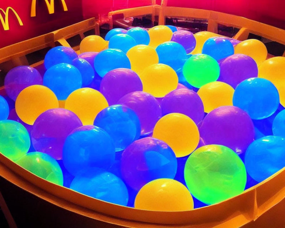 Vibrant ball pit with colorful balls in red-walled room and McDonald's logo visible