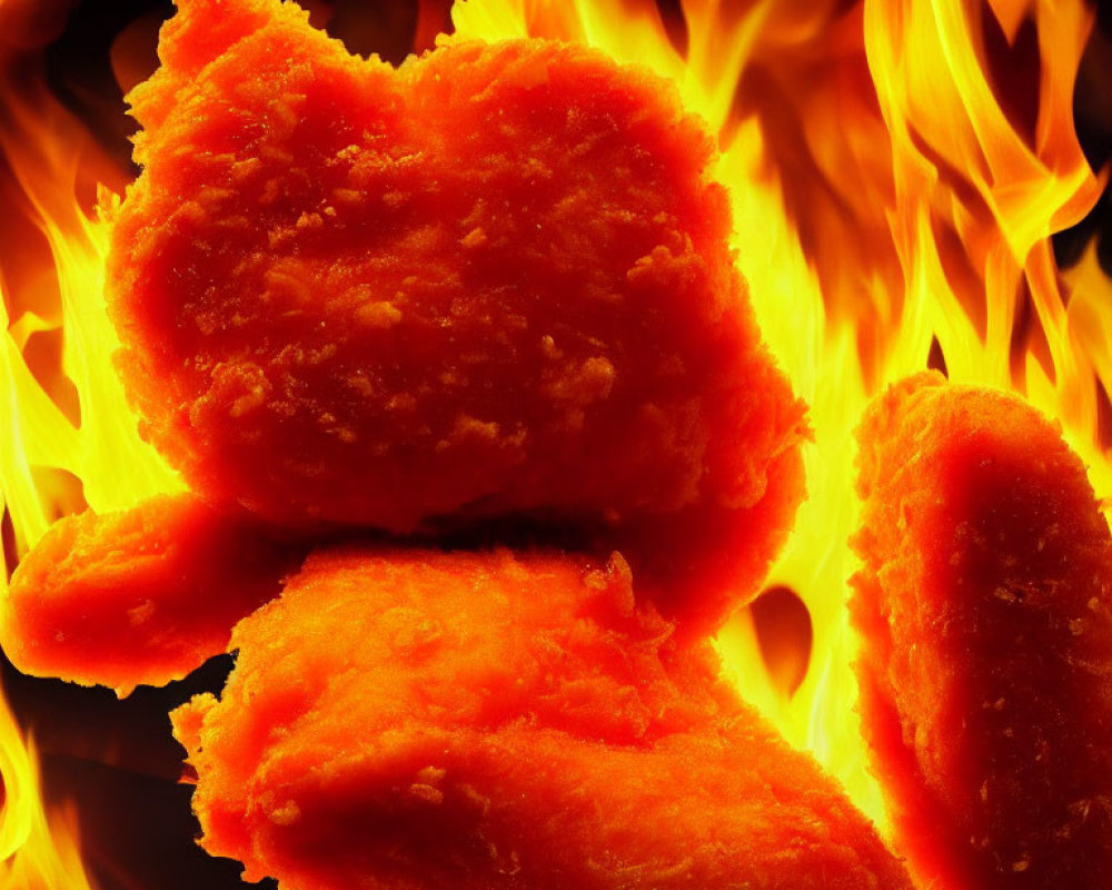 Three spicy chicken nuggets on fiery background.