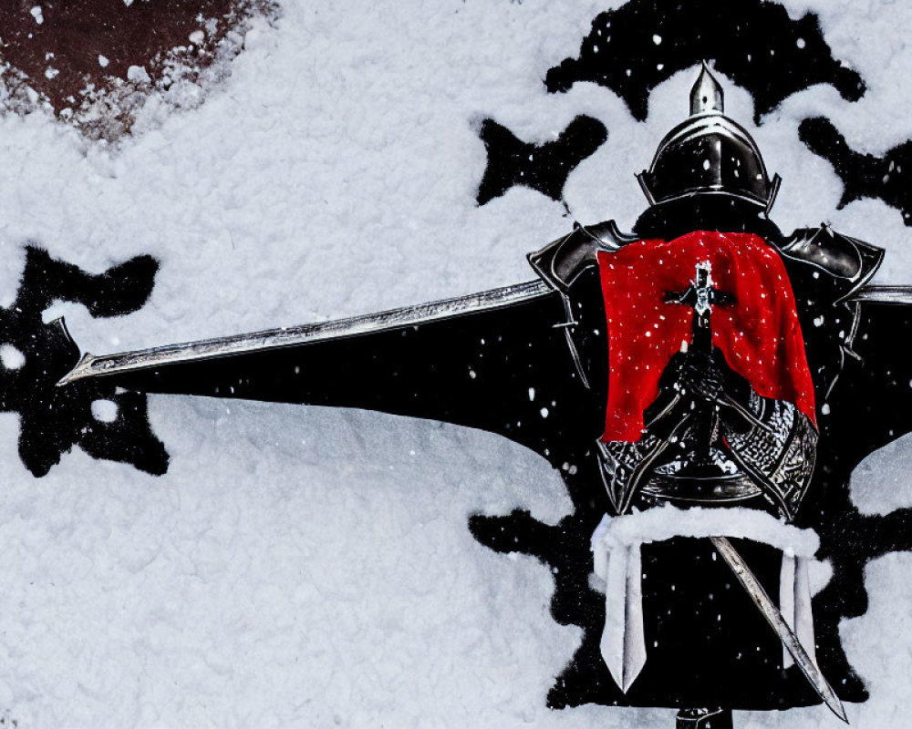 Medieval knight's armor with red cloth on snow star pattern