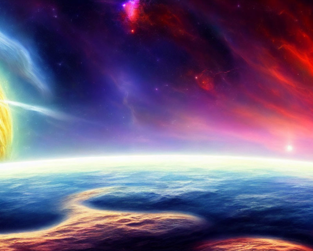 Colorful Space Scene with Large Sun and Planet Surface