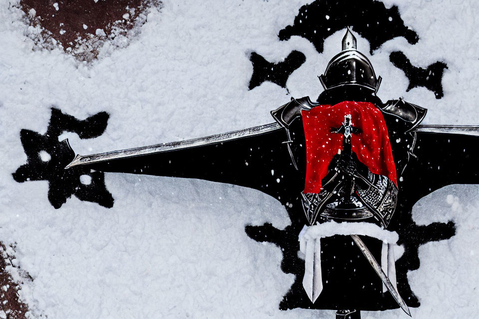 Medieval knight's armor with red cloth on snow star pattern