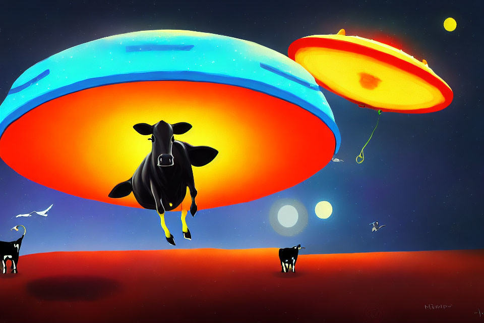 Colorful UFOs abducting cows in vibrant twilight sky