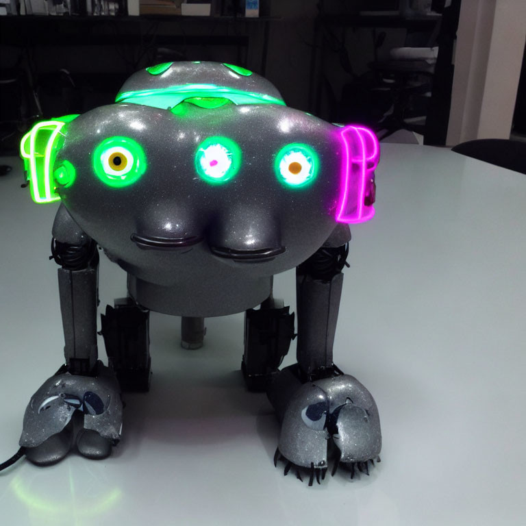 Black Quadrupedal Robot with Green and Pink Accents in Office Setting