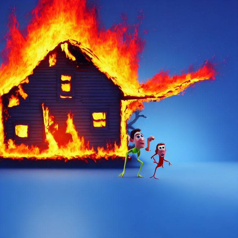 Animated characters flee burning house on dark blue backdrop