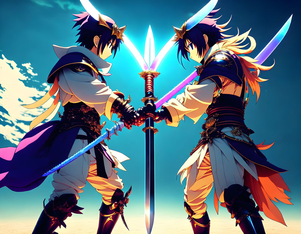 Animated warriors clash swords under blue sky with radiant light