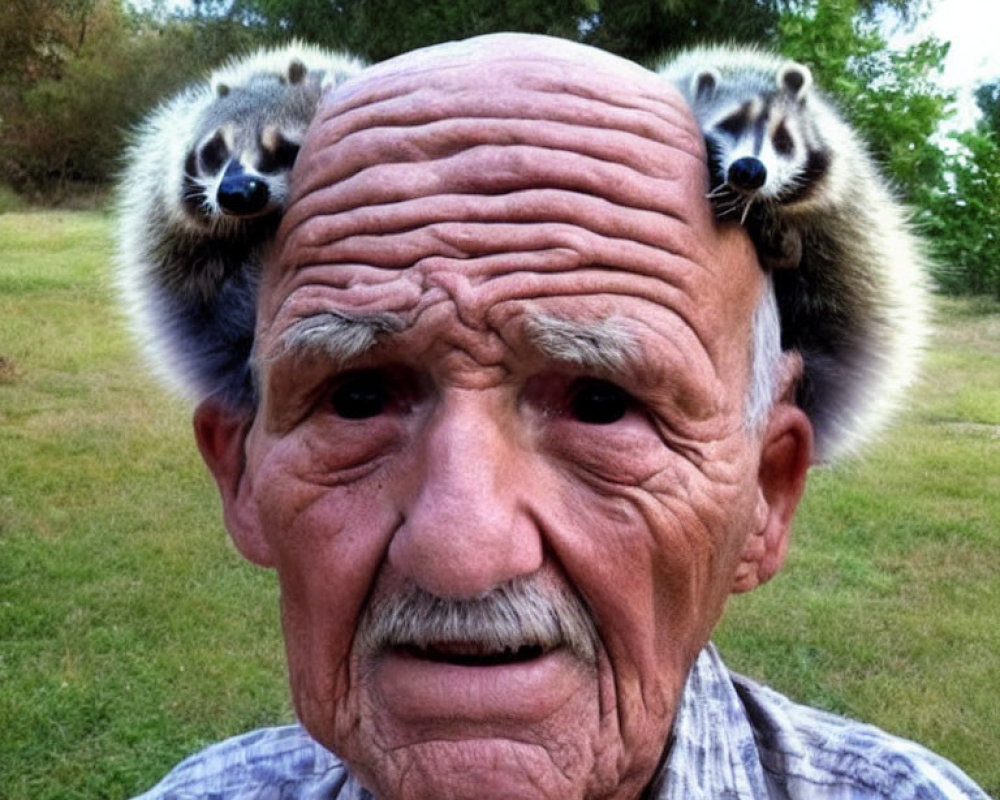 Elderly man with stern expression and raccoons on head in outdoor setting