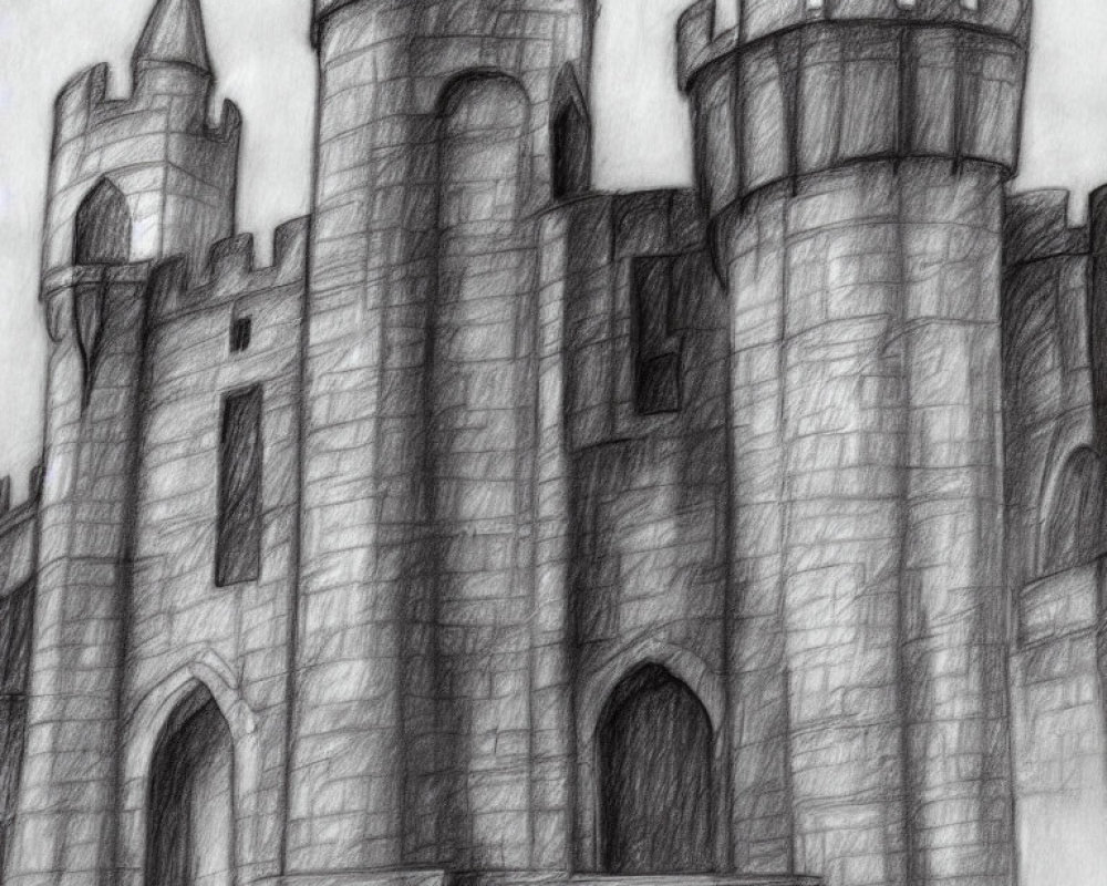 Detailed pencil sketch of medieval castle with towers and battlements