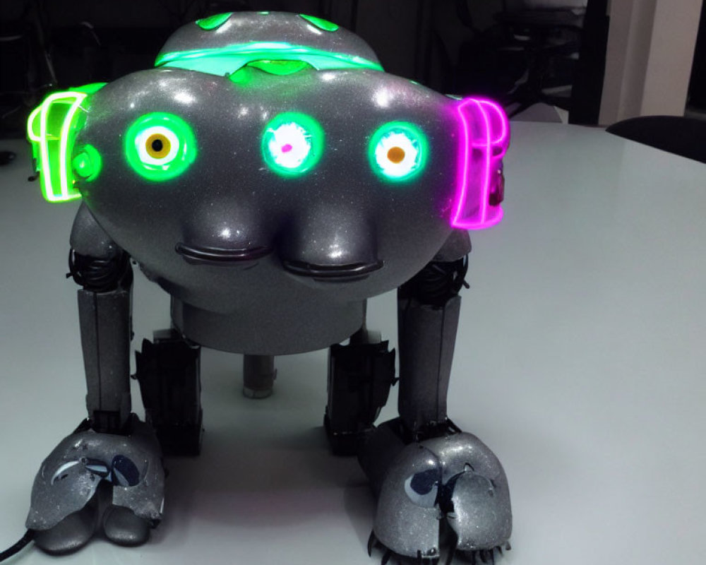 Black Quadrupedal Robot with Green and Pink Accents in Office Setting