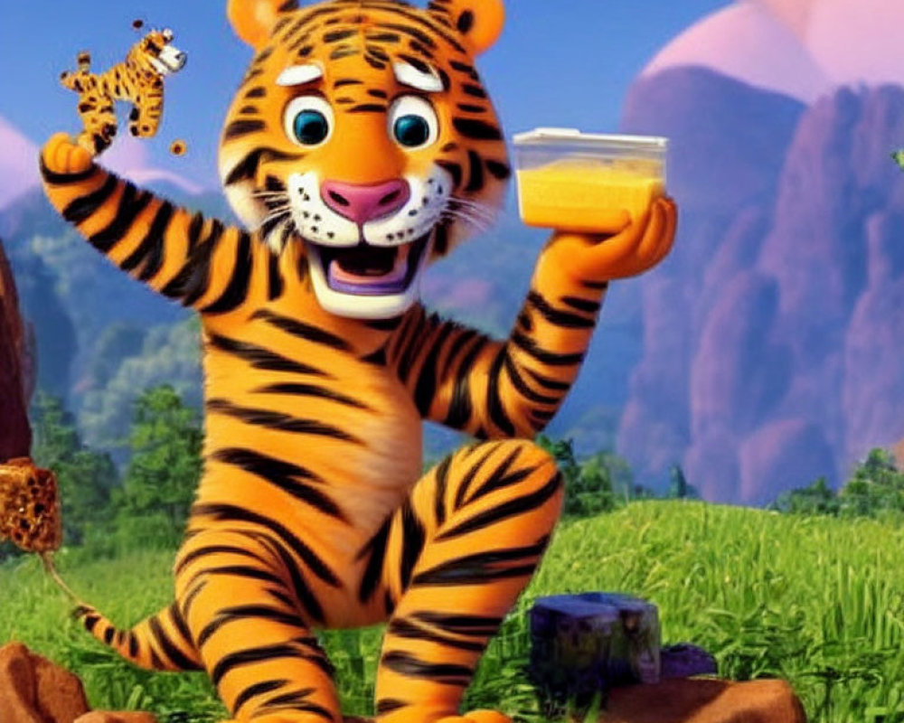 Joyful animated tiger with honey pot and toy tiger in lush green field