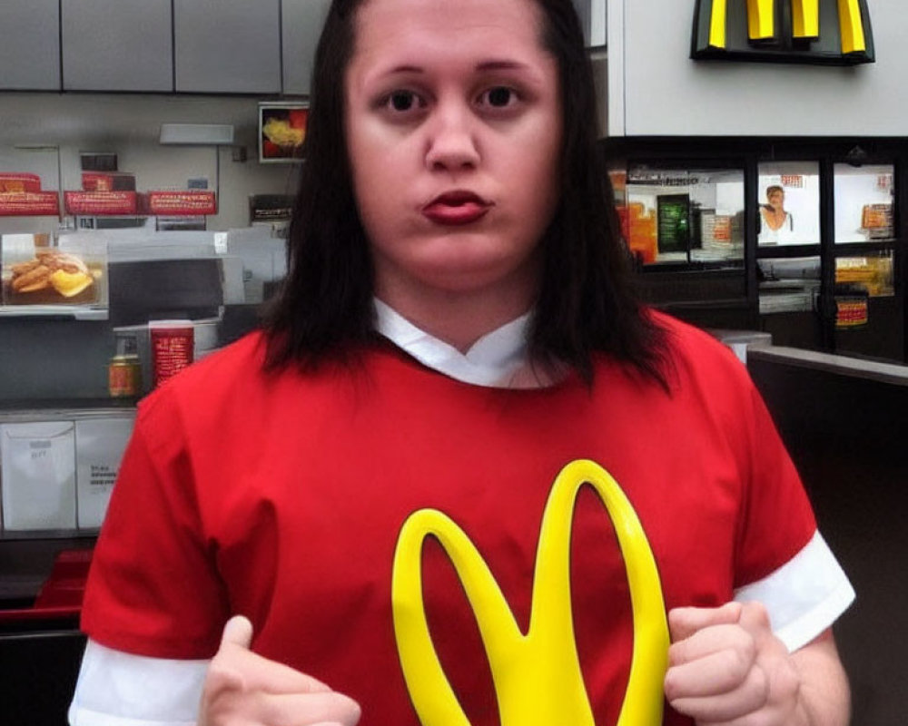 Female McDonald's employee in uniform looking surprised inside restaurant