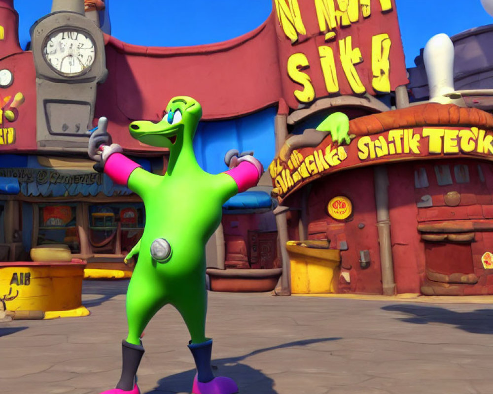 Green animated superhero in colorful town square