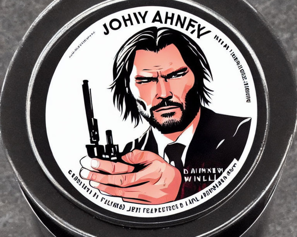 Circular Label with Illustrated Man Holding Gun and Stylized Text