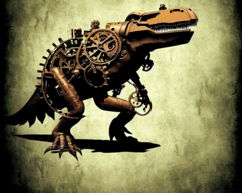 Mechanical Dinosaur with Gears on Green Background