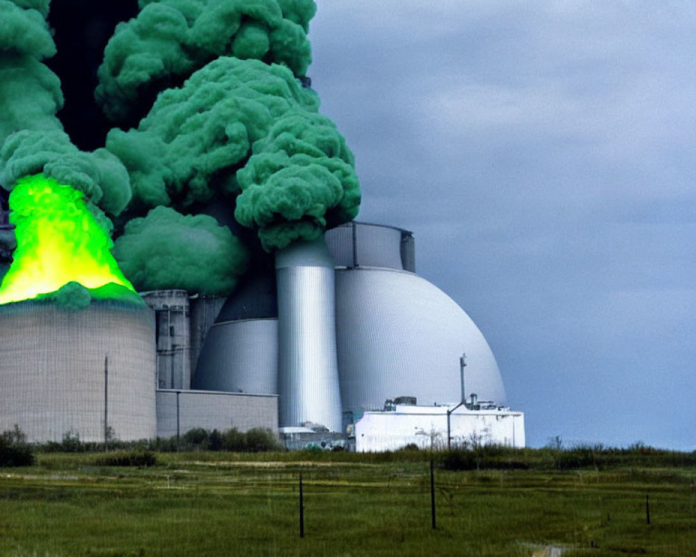 Industrial facility emitting green smoke under cloudy sky