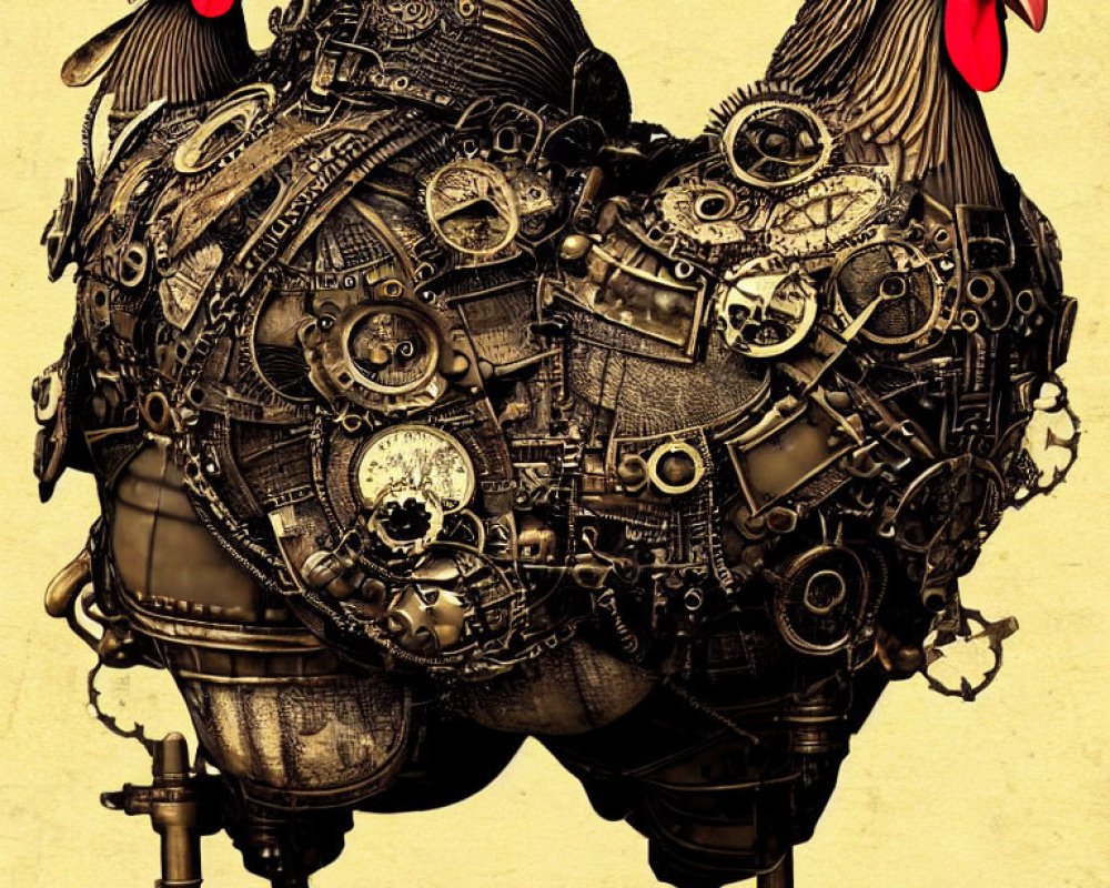 Steampunk-style rooster illustration with cog and gear body on beige background