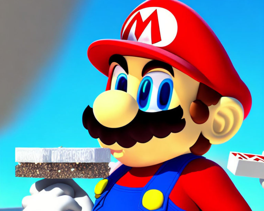 Iconic Mario 3D Render with Blue Sky Background