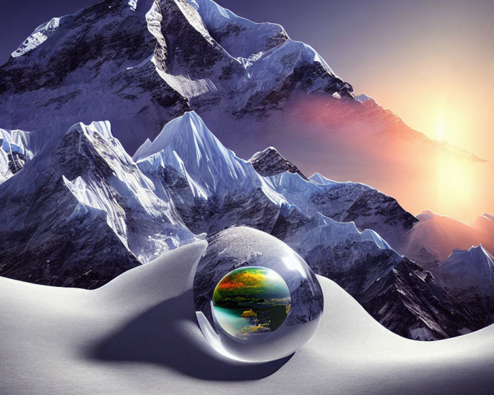 Crystal Ball Reflects Vibrant Landscape with Snow-Covered Mountains