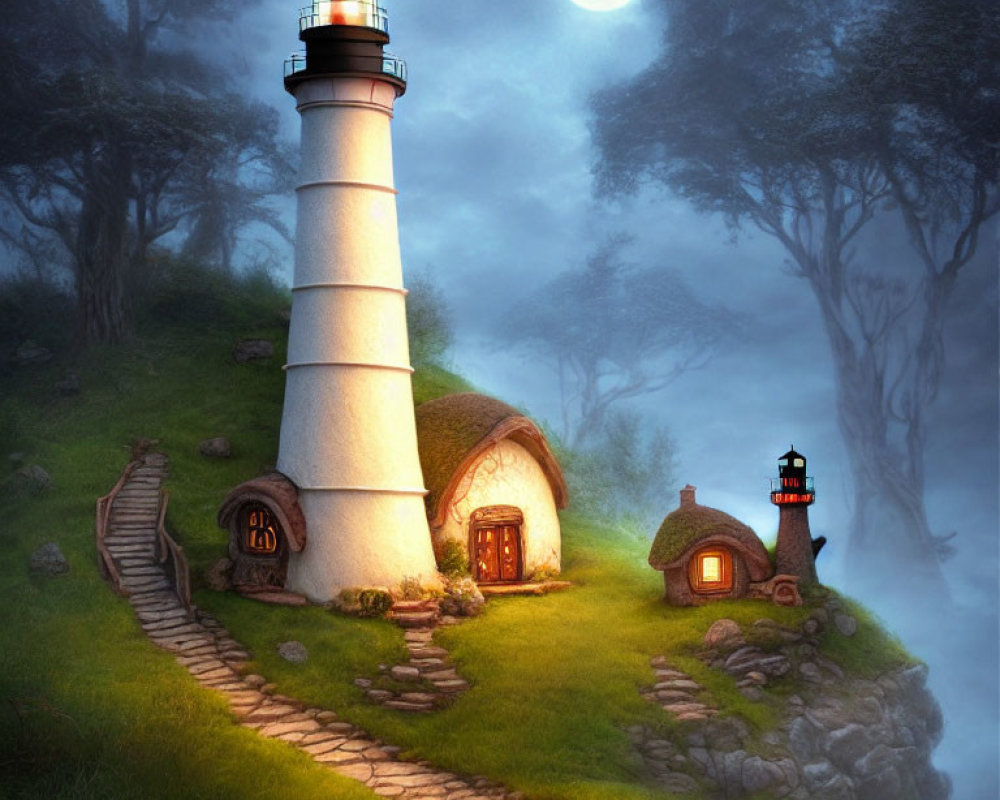 Whimsical moonlit lighthouse and cottage in misty forest