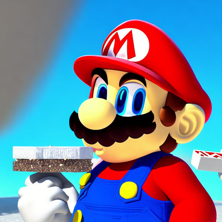 Iconic Mario 3D Render with Blue Sky Background