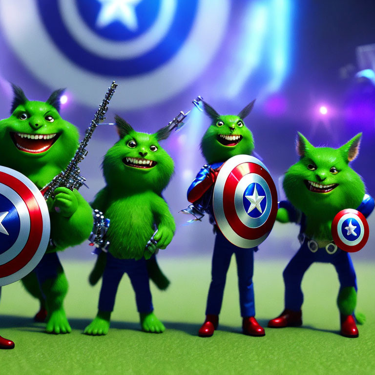 Four green superhero creatures with shields on target background