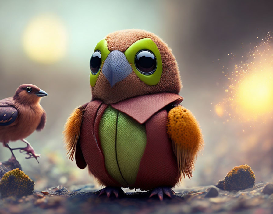 Stylized chubby owl and small bird illustration with glowing particles