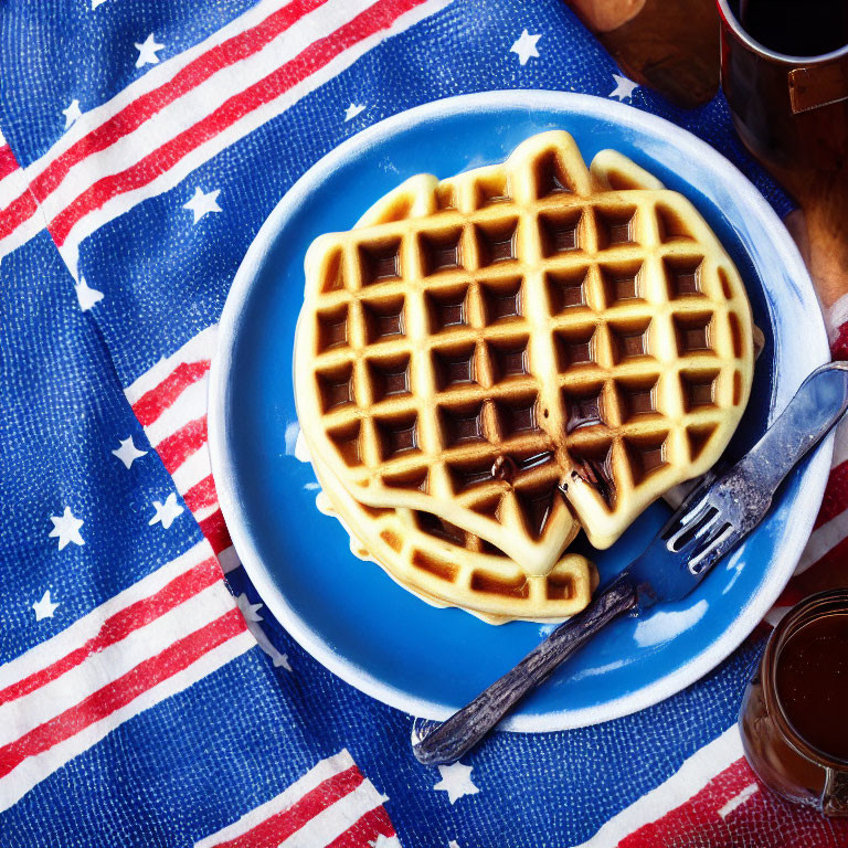 Heart-shaped waffle on blue plate with syrup on American flag-themed tablecloth