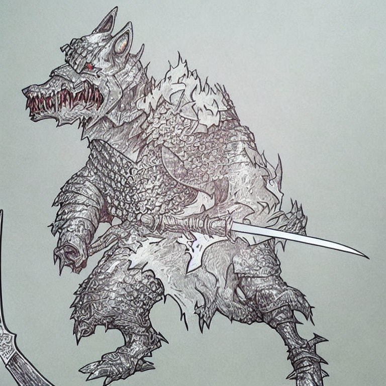 Detailed Sketch: Bipedal Wolf Warrior with Armor and Sword