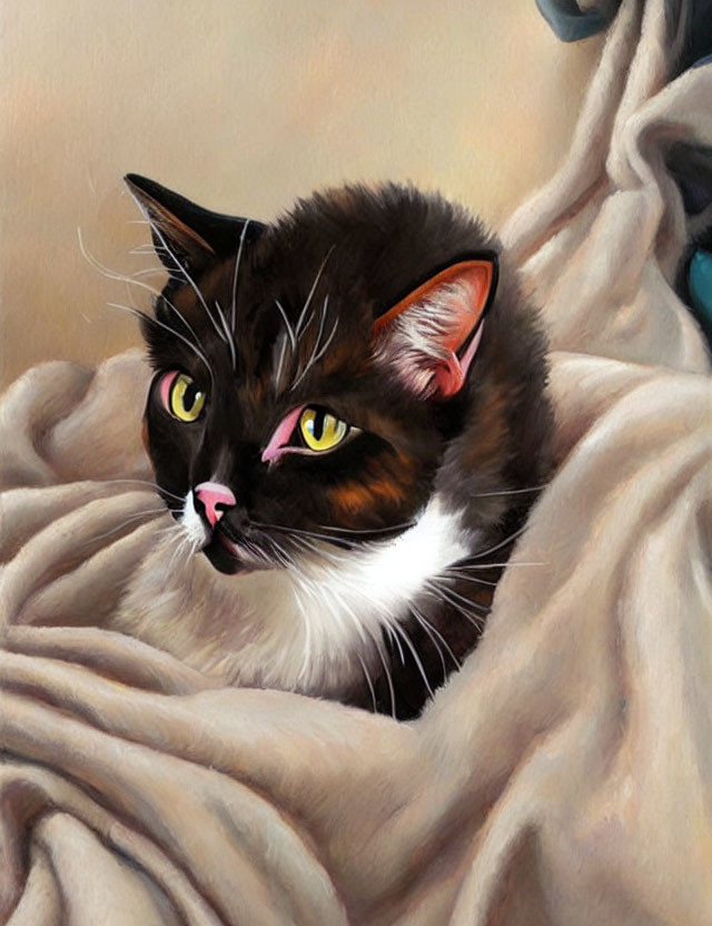 Black and Brown Cat with Yellow Eyes in Beige Blanket Portrait