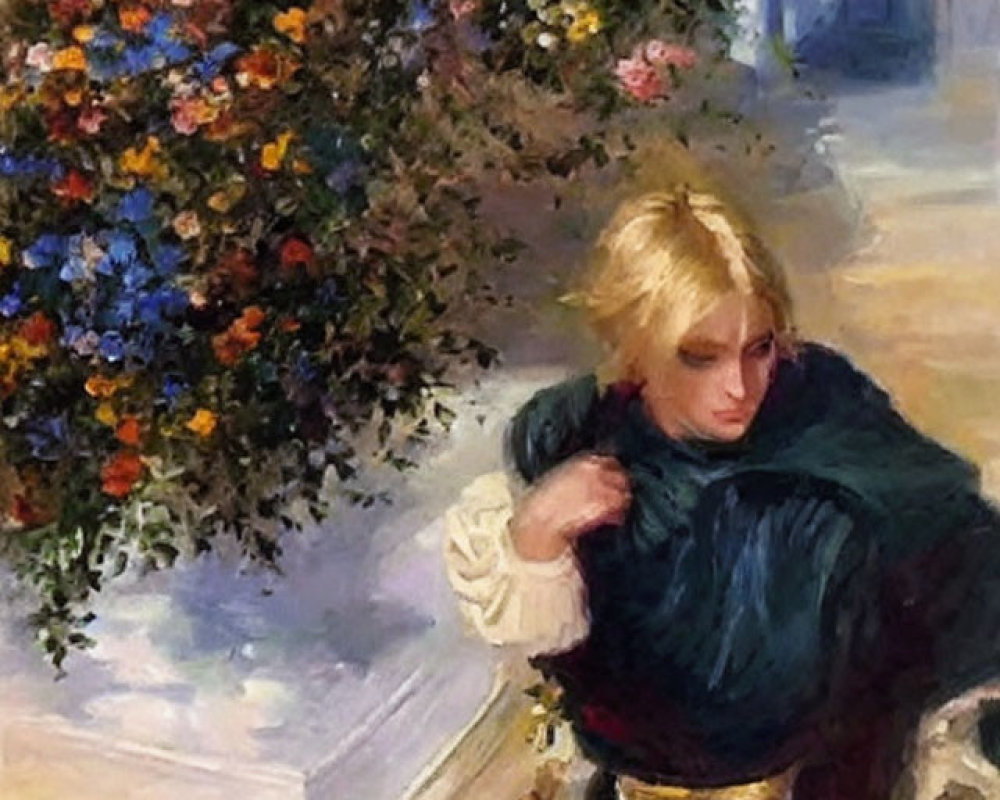 Portrait of pensive individual with blond hair and blue cloak by flower bed