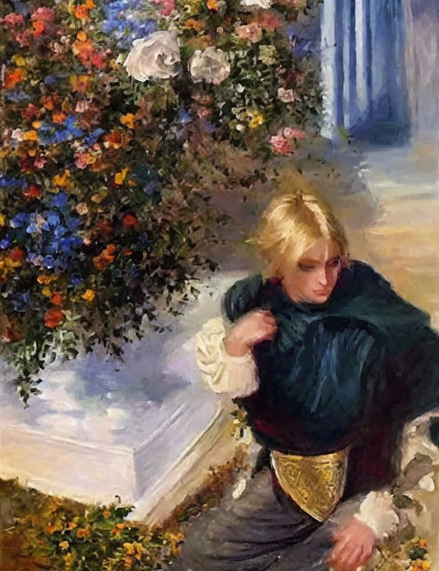 Portrait of pensive individual with blond hair and blue cloak by flower bed