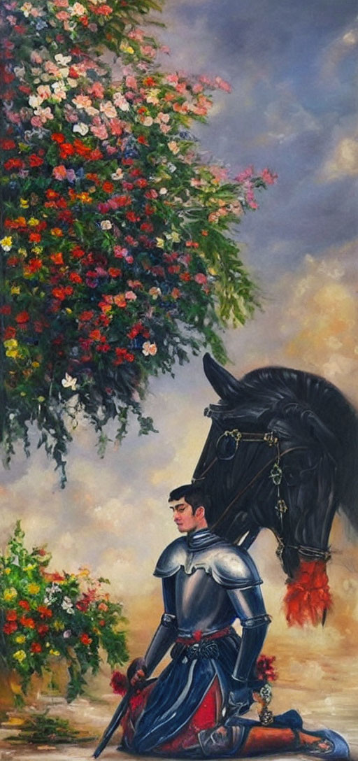 Medieval knight kneeling beside black horse under tree with colorful flowers